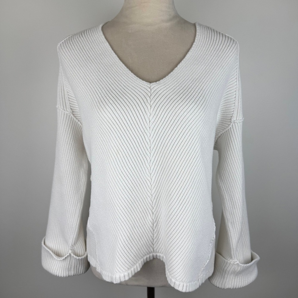Free People La Brea Womens White V-Neck Cotton Knit Chevron Ribbed Sweater Sz XS